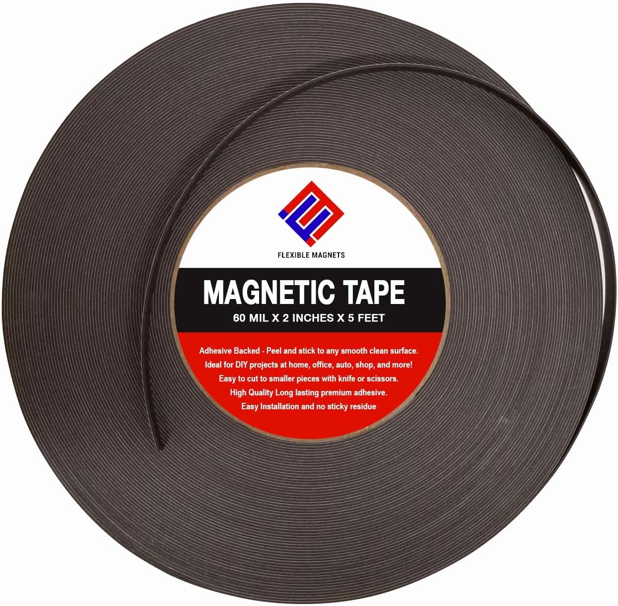 Magnetic Tape Roll with Adhesive Backing - Strip of Peel and Stick Magnets  - Super Strong & Sticky by Flexible Magnets - 60 mil